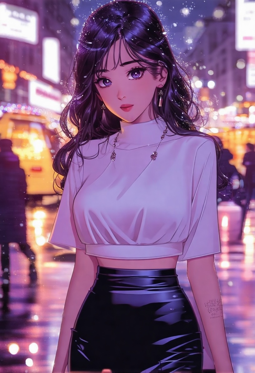 In a glamorous manhwa_style,  the girl flaunts an elegant cropped top paired with a sleek skirt,  her hair styled in loose...