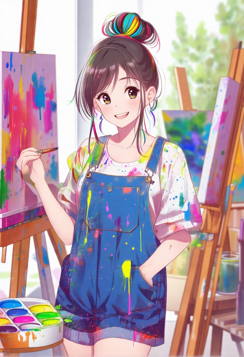 In a creative manhwa_style,  the girl wears a paint-splattered cropped smock and overalls,  her hair tied up in a messy bu...