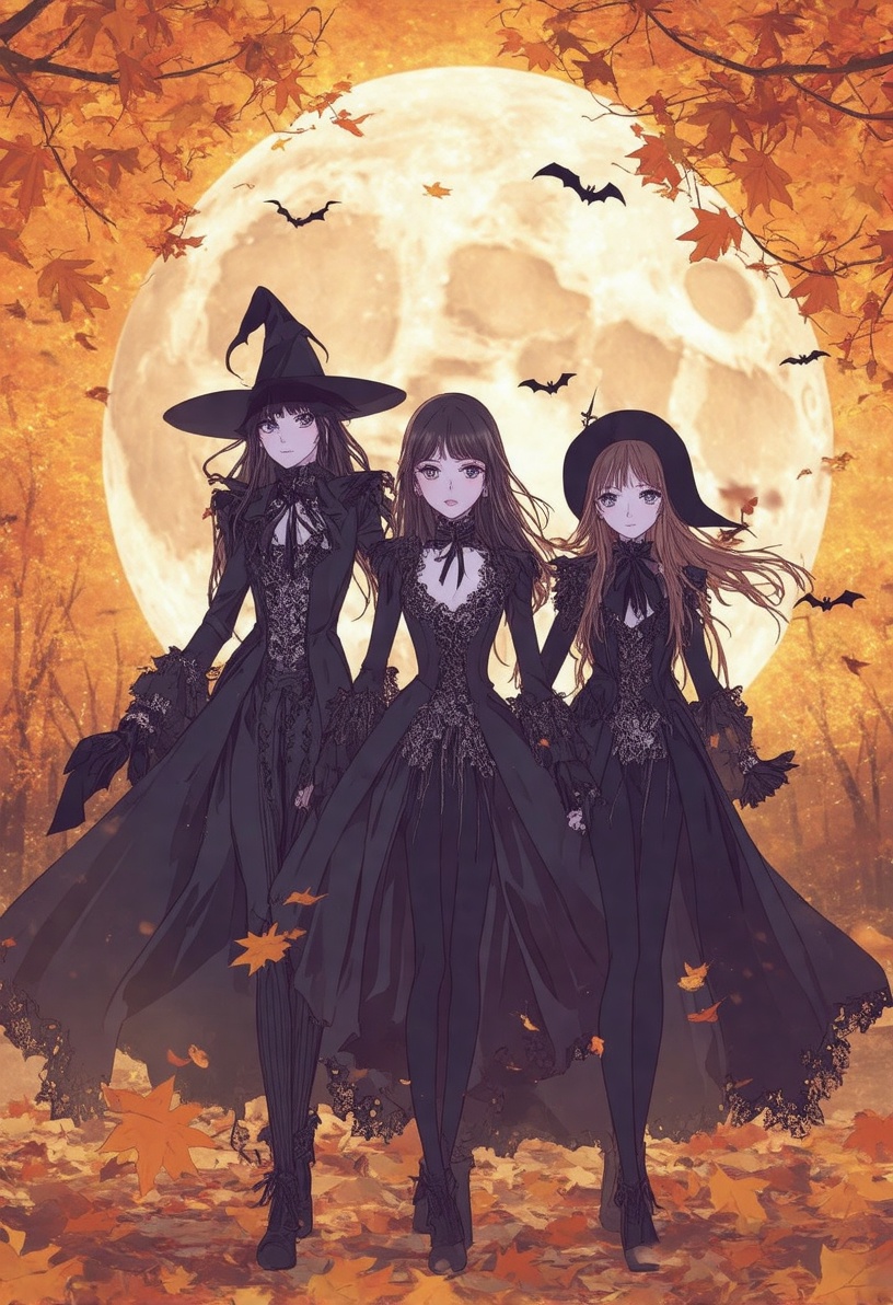 manhwa_style,  Three young girls,  dressed in intricate Phantom-inspired costumes on Tensor.Art