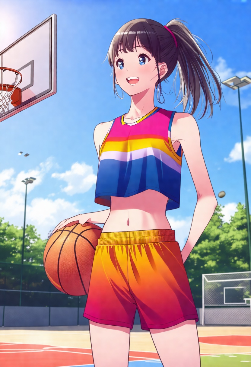 In a vibrant manhwa style,  the girl sports a colorful cropped athletic top and high-waisted shorts,  her hair pulled into...