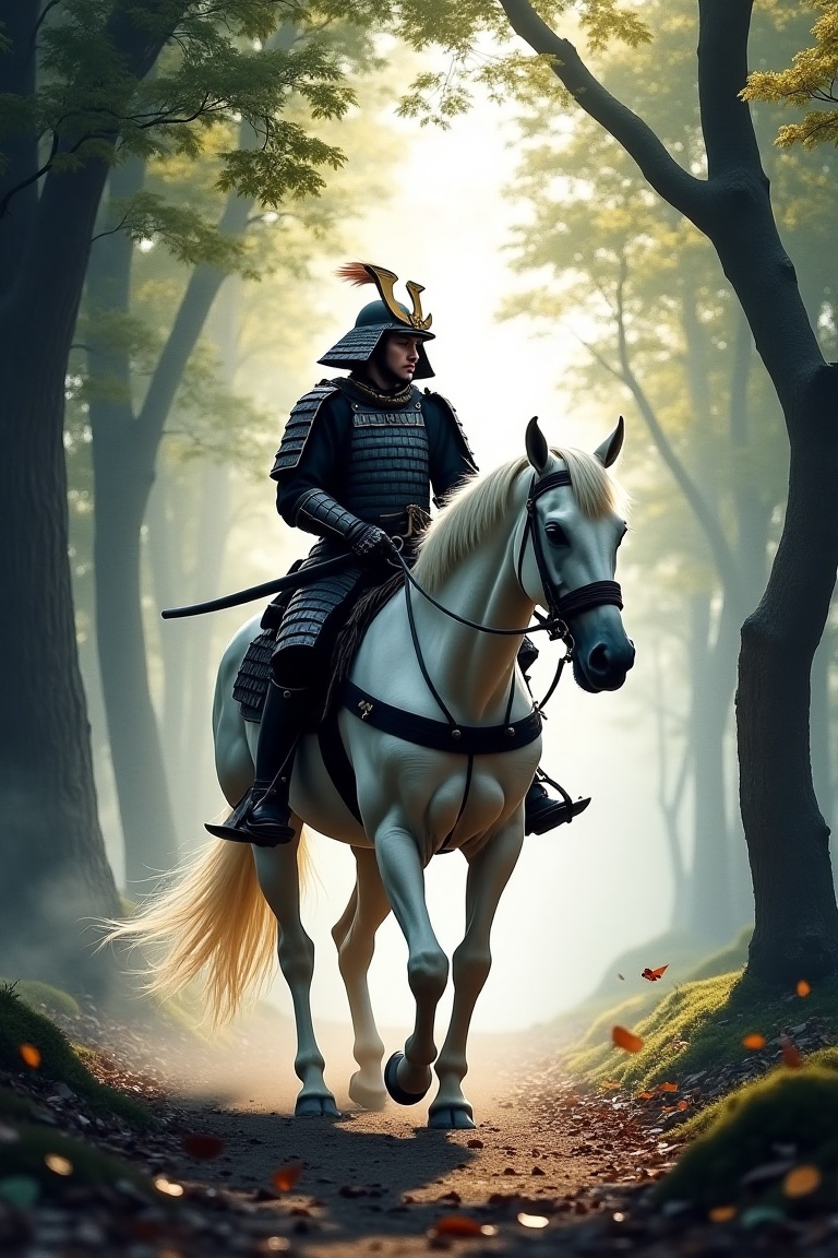 A samurai clad in traditional armor,  with a sword at his side,  rides a majestic white horse through a serene misty fores...