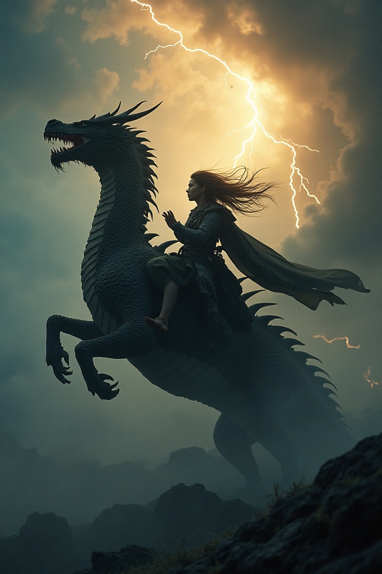 A breathtaking wide-angle shot of a fierce warrior riding a massive dragon through stormy skies,  gripping the dragon's sc...
