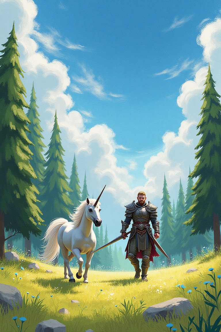 A majestic warrior,  adorned in armor and carrying a gleaming sword,  strides confidently across a sun-drenched meadow on...