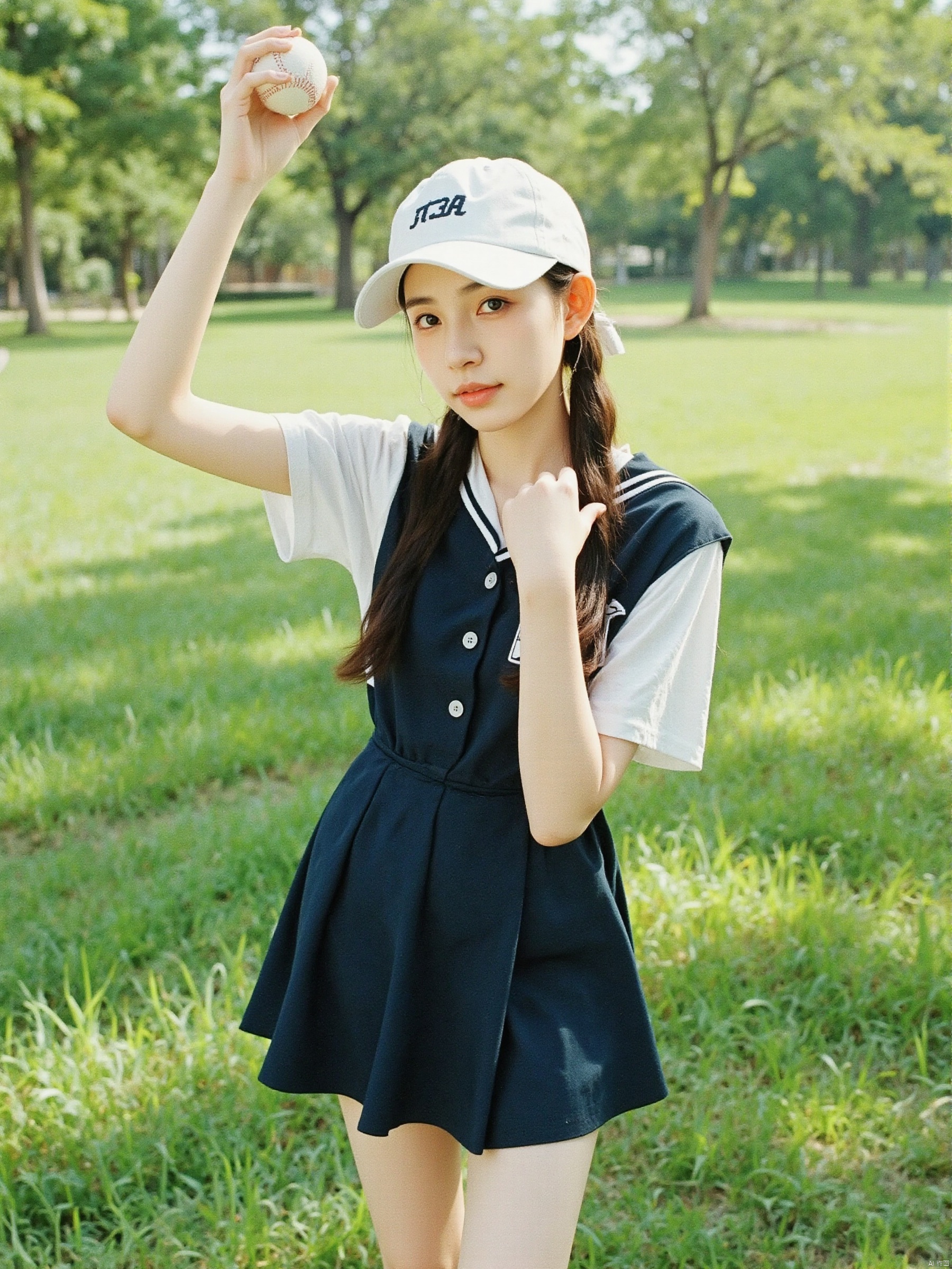 A young woman wearing a baseball jersey stands in the green grass and is photographed from a high angle and head up perspe...