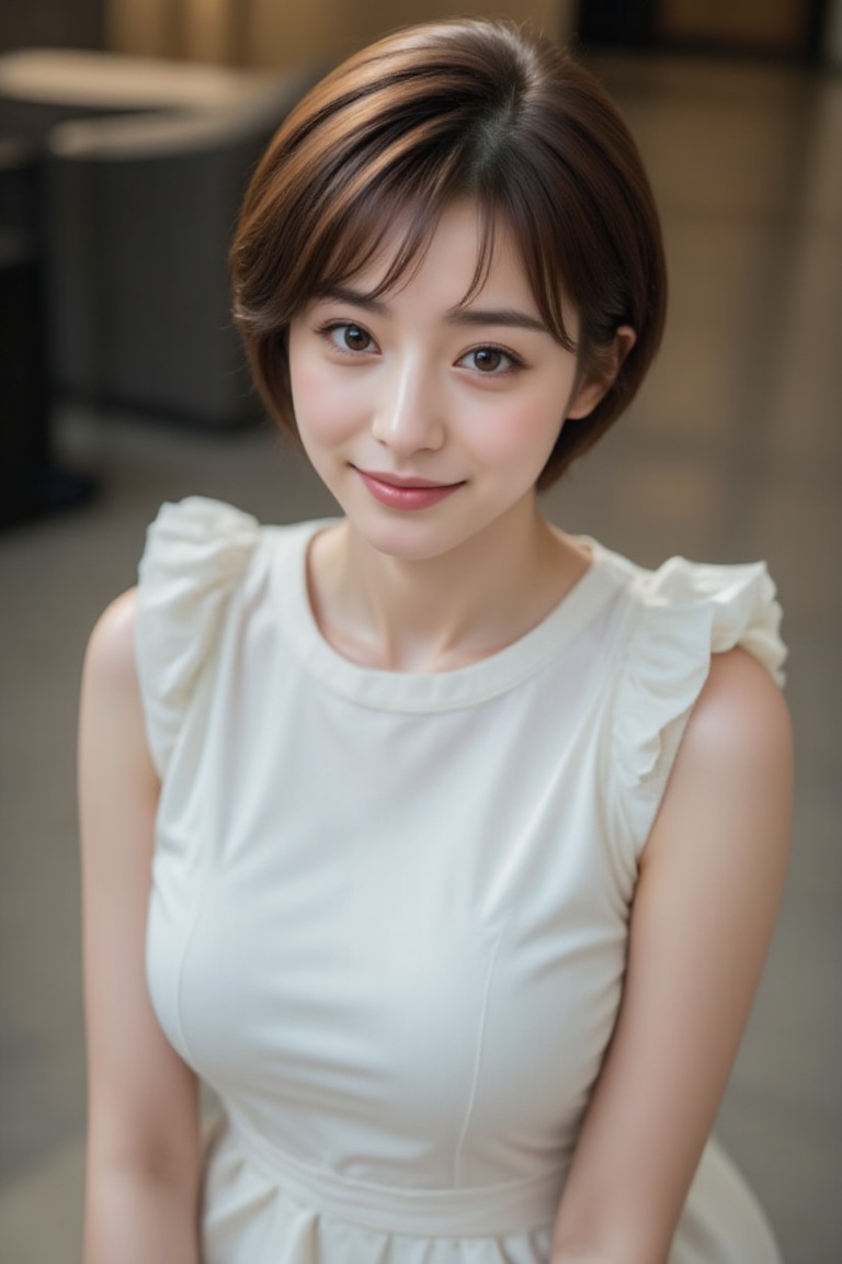 A young Asian woman with stunning short brown hair and eyeliner,  wearing a charming smile and a crew-neck sleeveless dres...