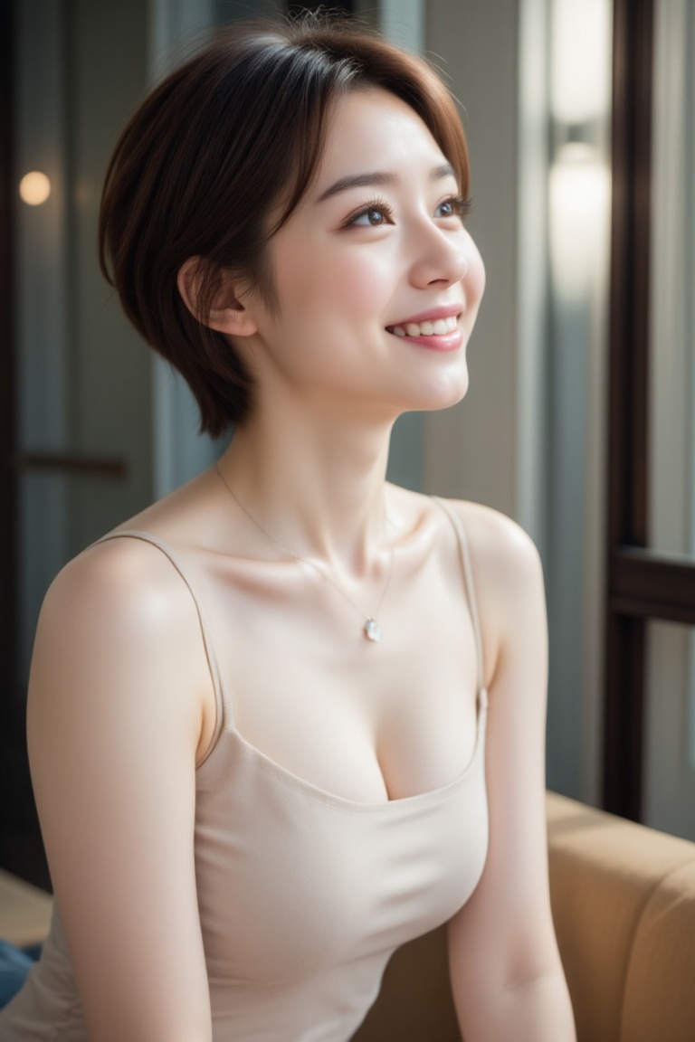 A young Asian woman with stunning short brown hair and delicate eyeliner,  wearing a charming smile and a crew-neck sleeve...