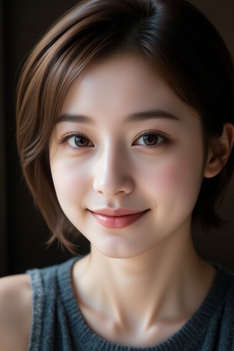 A young Asian woman with stunning short brown hair and eyeliner,  wearing an allure smile and a crew-neck sleeveless dress...