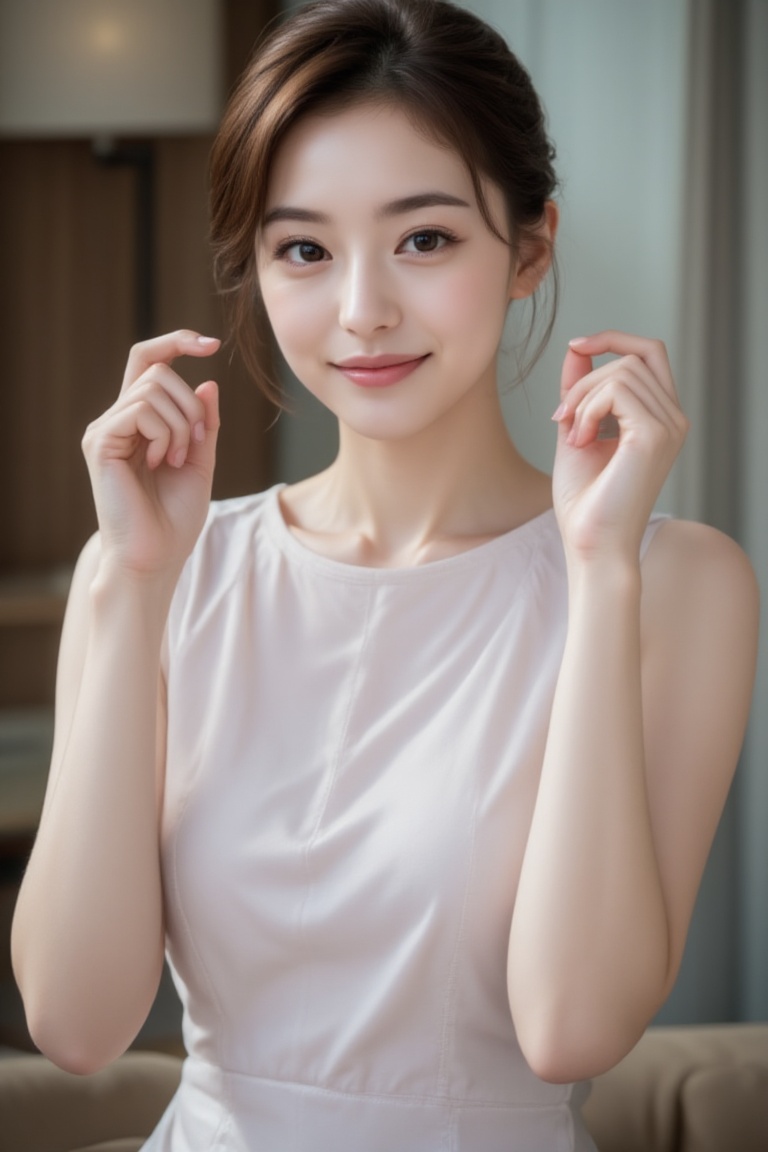 A young Asian woman with stunning short brown hair and delicate eyeliner,  wearing a charming smile and a crew-neck sleeve...