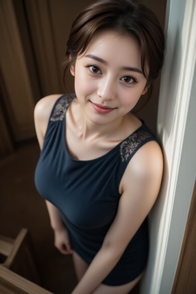 A young Asian woman with stunning short brown hair and eyeliner,  wearing a charming smile and a crew-neck sleeveless dres...