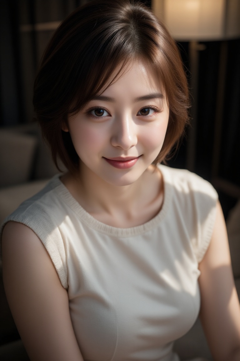 A young Asian woman with stunning short brown hair and eyeliner,  wearing an allure smile and a crew-neck sleeveless dress...