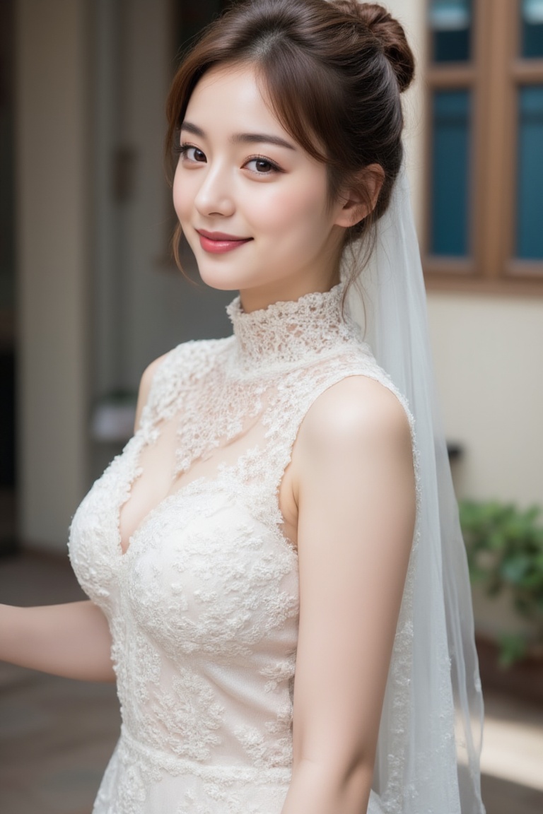 A young Asian woman with stunning brown hair,  delicate eyeliner,  and bright pink lipstick stands with a charming smile....