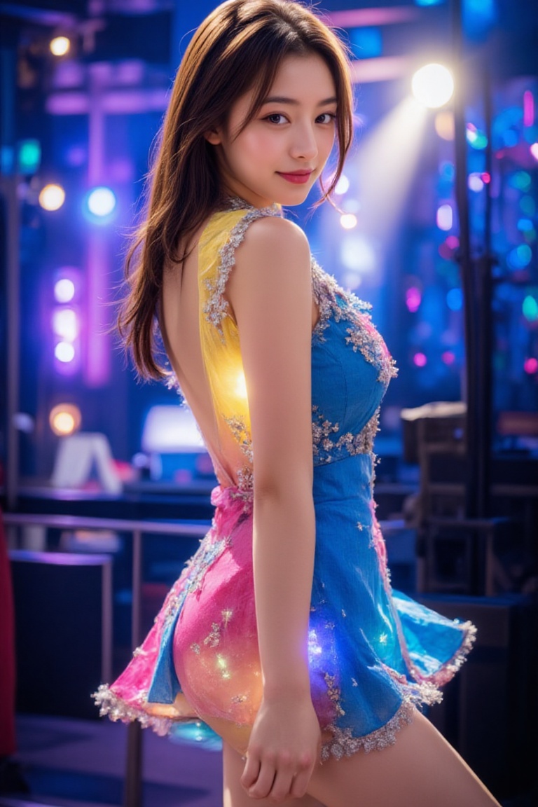 A young Asian girl with brown hair and flawless,  glowing skin stands on a live stage. She wears a vibrant sailor dress ad...