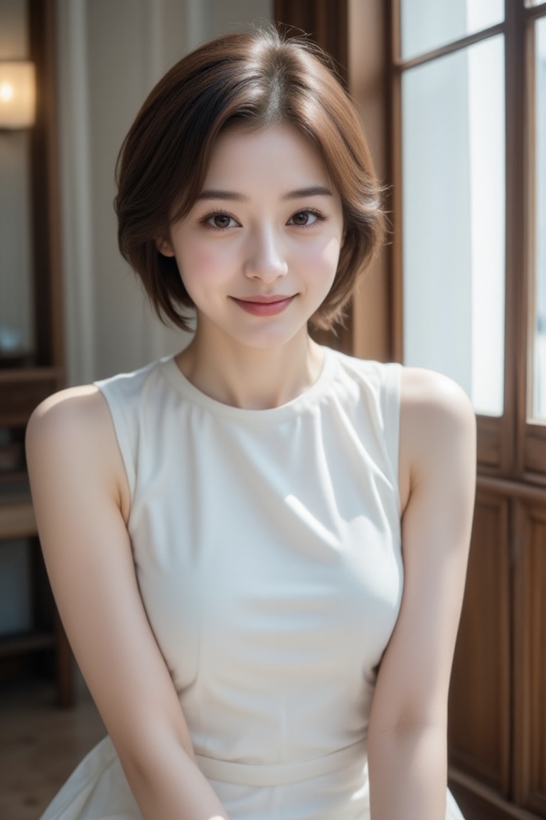 A young Asian woman with stunning short brown hair and eyeliner,  wearing a charming smile and a crew-neck sleeveless dres...