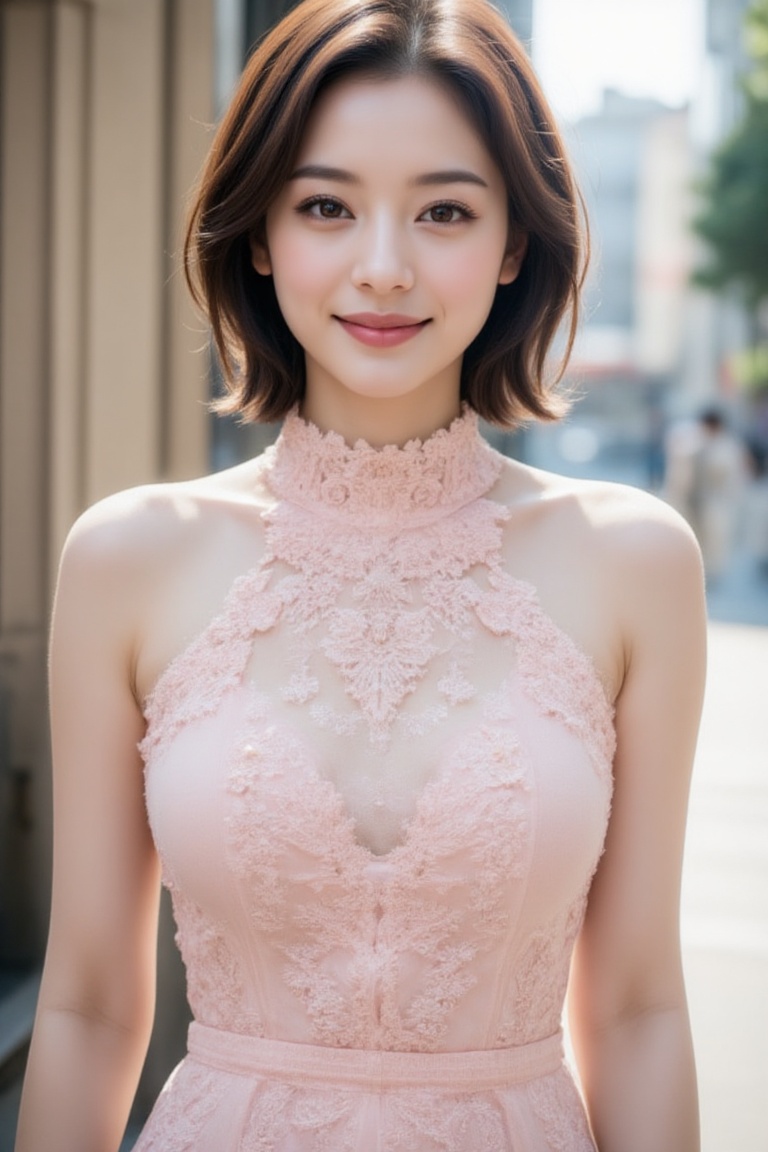 A young Asian woman with stunning brown hair,  elegant eyeliner,  and bright pink lipstick stands with a charming smile. S...