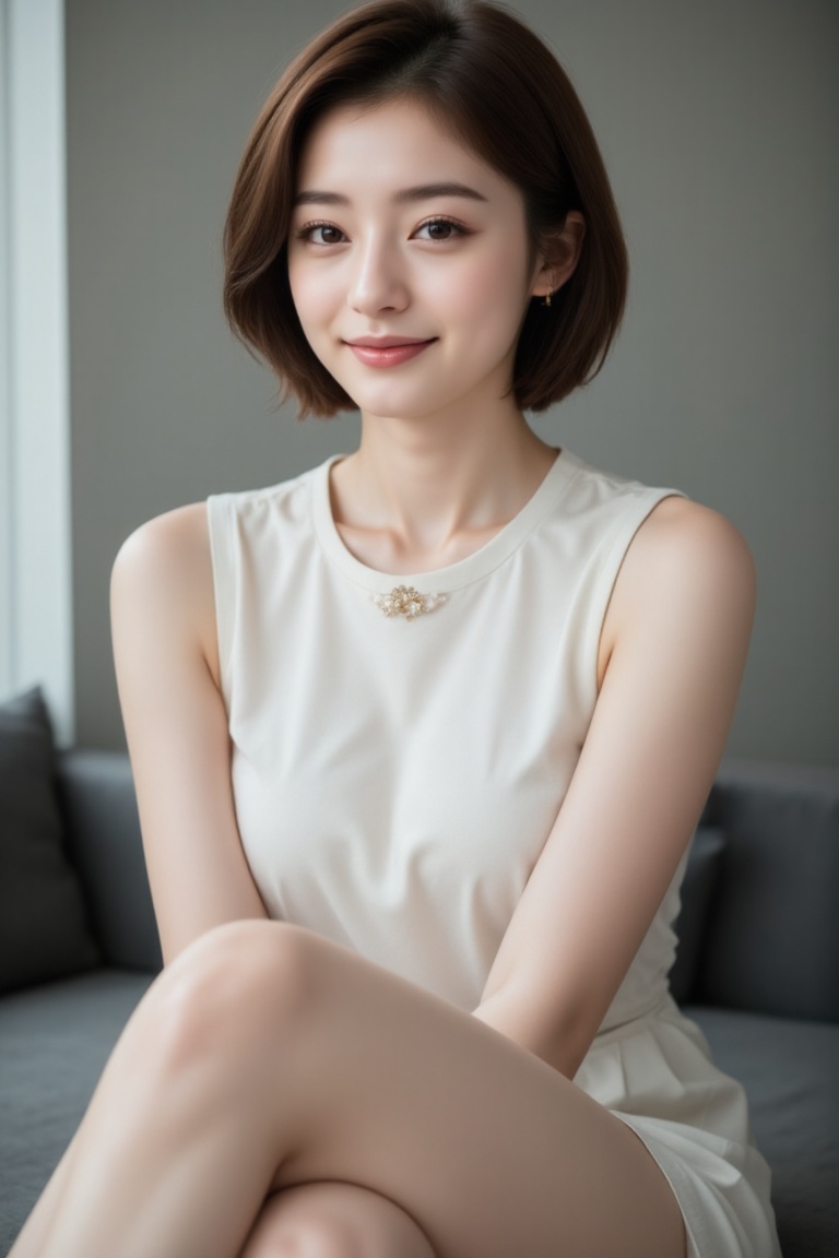 A young Asian woman with stunning short brown hair,  elegant eyeliner,  and narrow plump lips. She wears a charming smile...