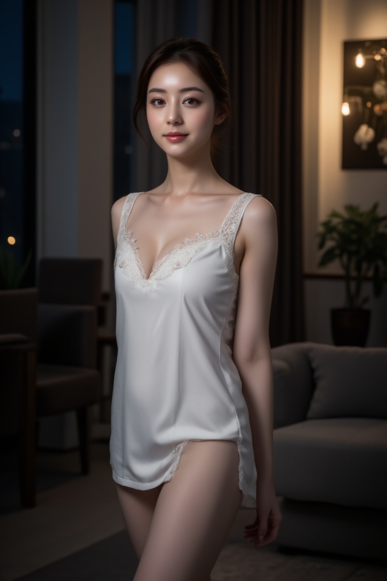 A young Asian woman in a white lace trim square-neck strap nightgown stands in a dark corner of a modern home. Dim lightin...