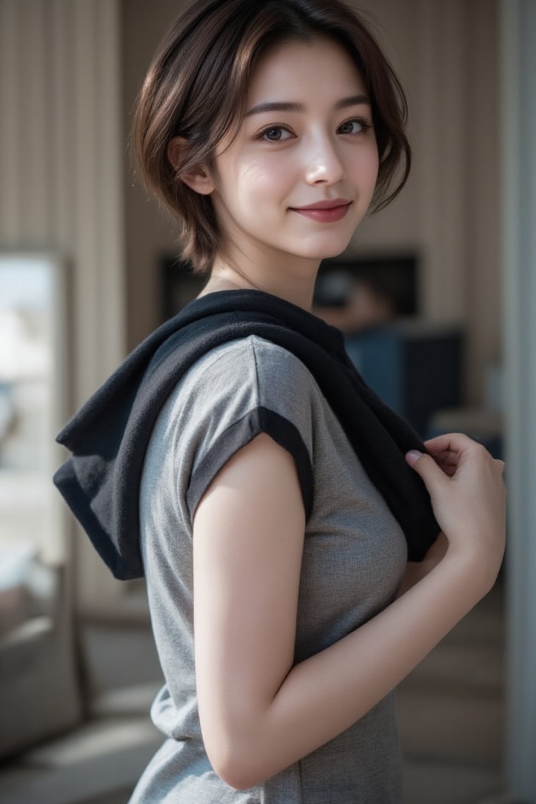 A young Asian woman with short brown hair and delicate eyeliner stands in an indoor setting,  framed slightly above. She b...
