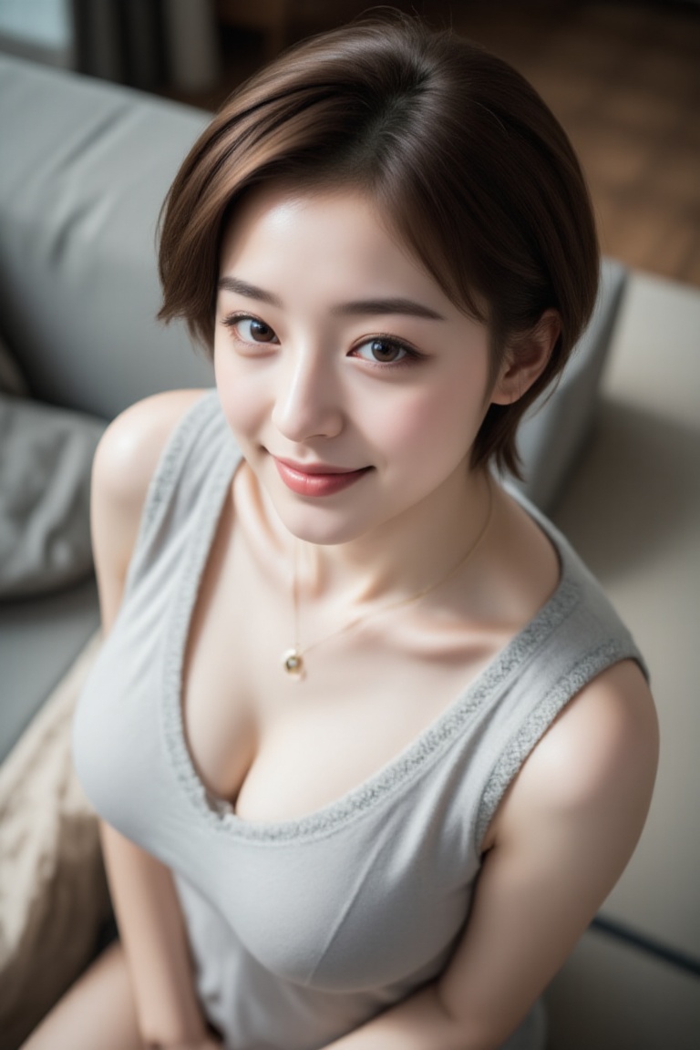Top-down view of a young Asian woman with stunning short brown hair,  eyeliner,  and plump lips on Tensor.Art