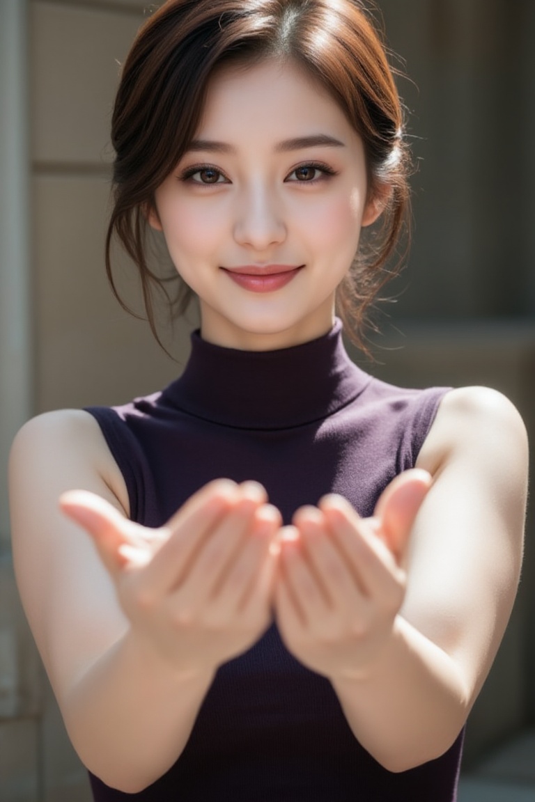 A young Asian woman with stunning features and casual elegance. She has short brown hair and wears eyeliner,  offering a c...