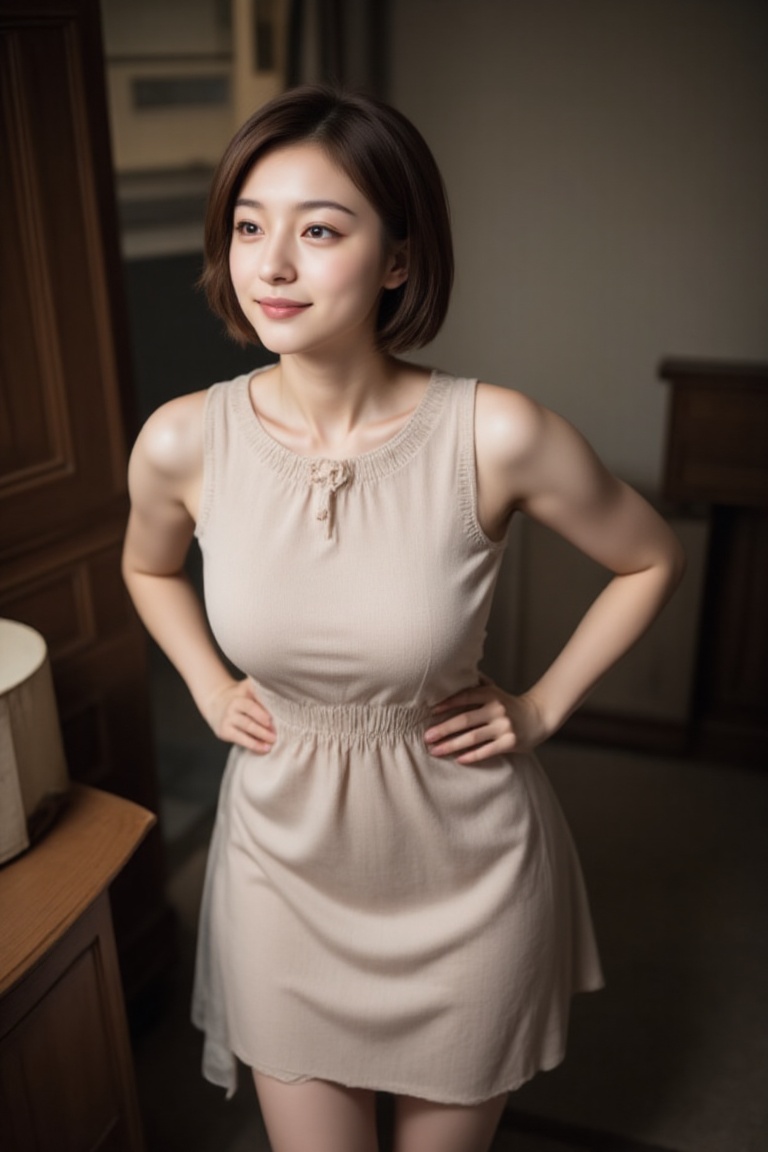 A young Asian woman with stunning short brown hair and eyeliner,  wearing an allure smile and a sleeveless dress. The shot...