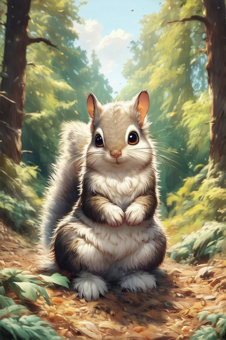 In a vibrant,  sun-drenched clearing of a lush forest,  a mega fluffy squirrel by Anzatiridonia on Tensor.Art