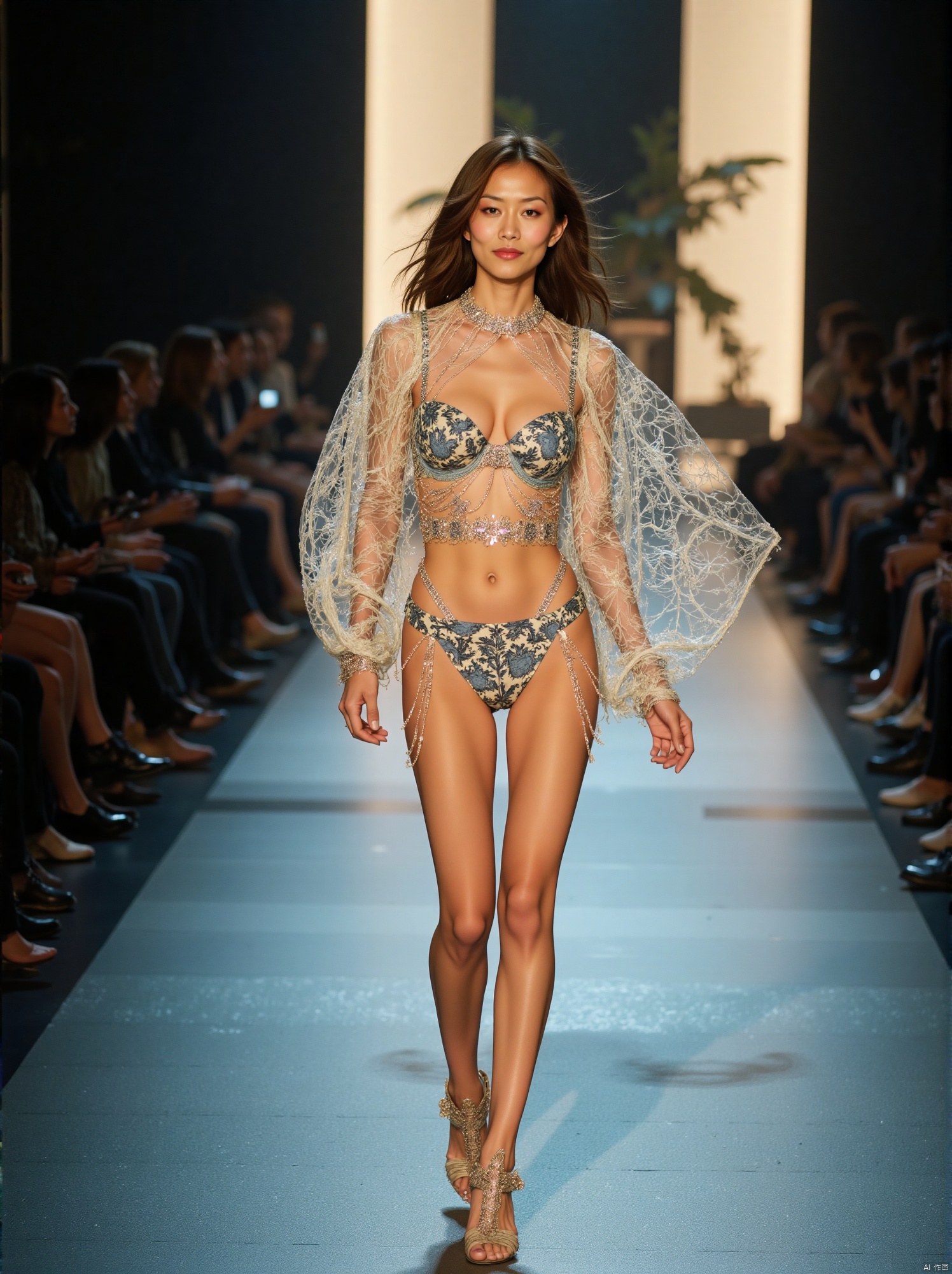 A captivating scene unfolds:35mm film,BJ_Rainbow_light,A model is walking on the runway at a fashion show. 