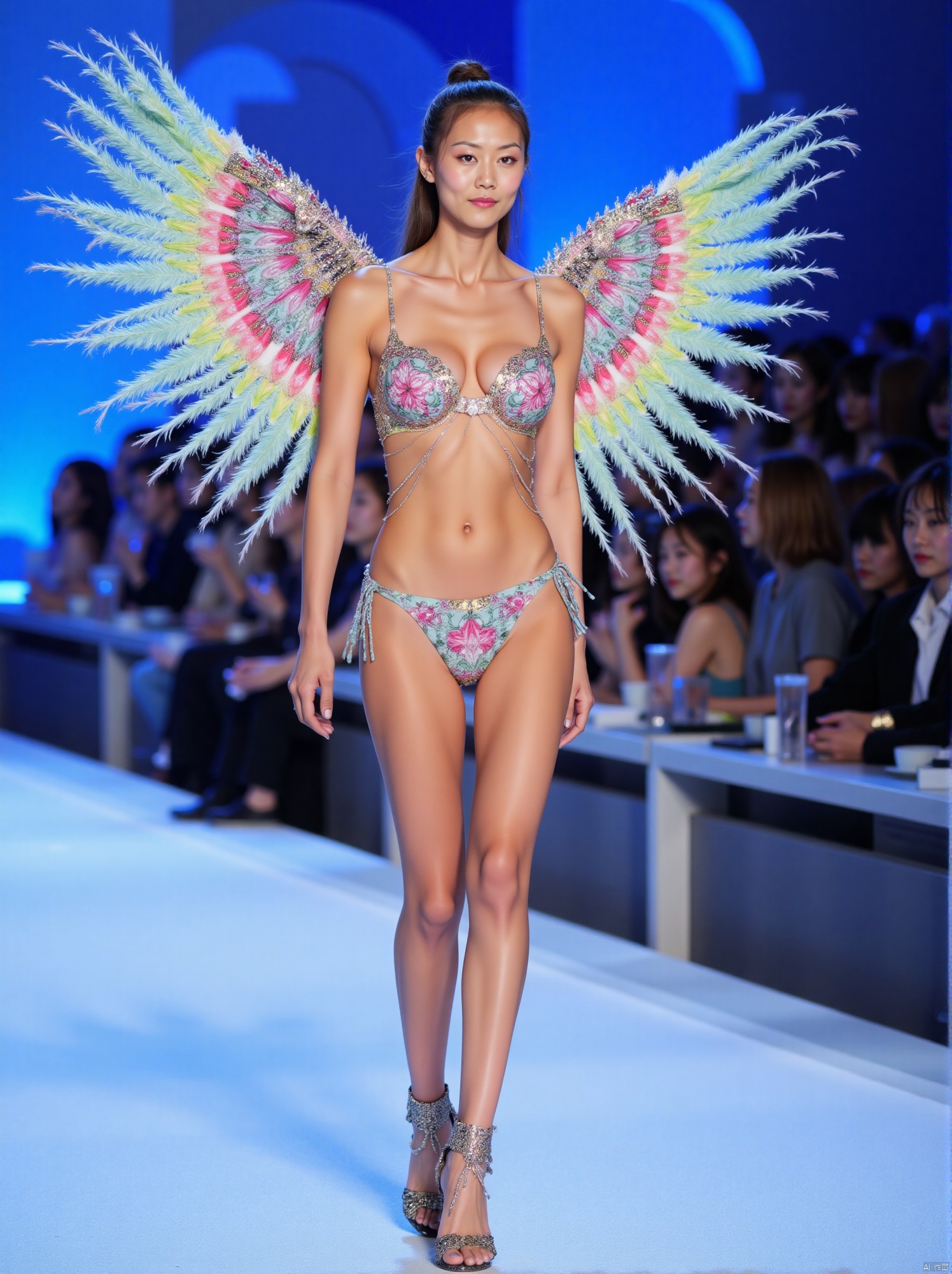 A captivating scene unfolds:35mm film,BJ_Rainbow_light,A model is walking on the runway at a fashion show. She was wearing bikini with bright colors, with beautiful wings hanging behind her, her hair cut into a fashionable hairstyle, and her eyes fixed on the front of the photo. Her dress is decorated with exquisite patterns, adding a touch of brightness to her outfit, with a moderate chest and cleavage. The background is bright blue with several people on either side.