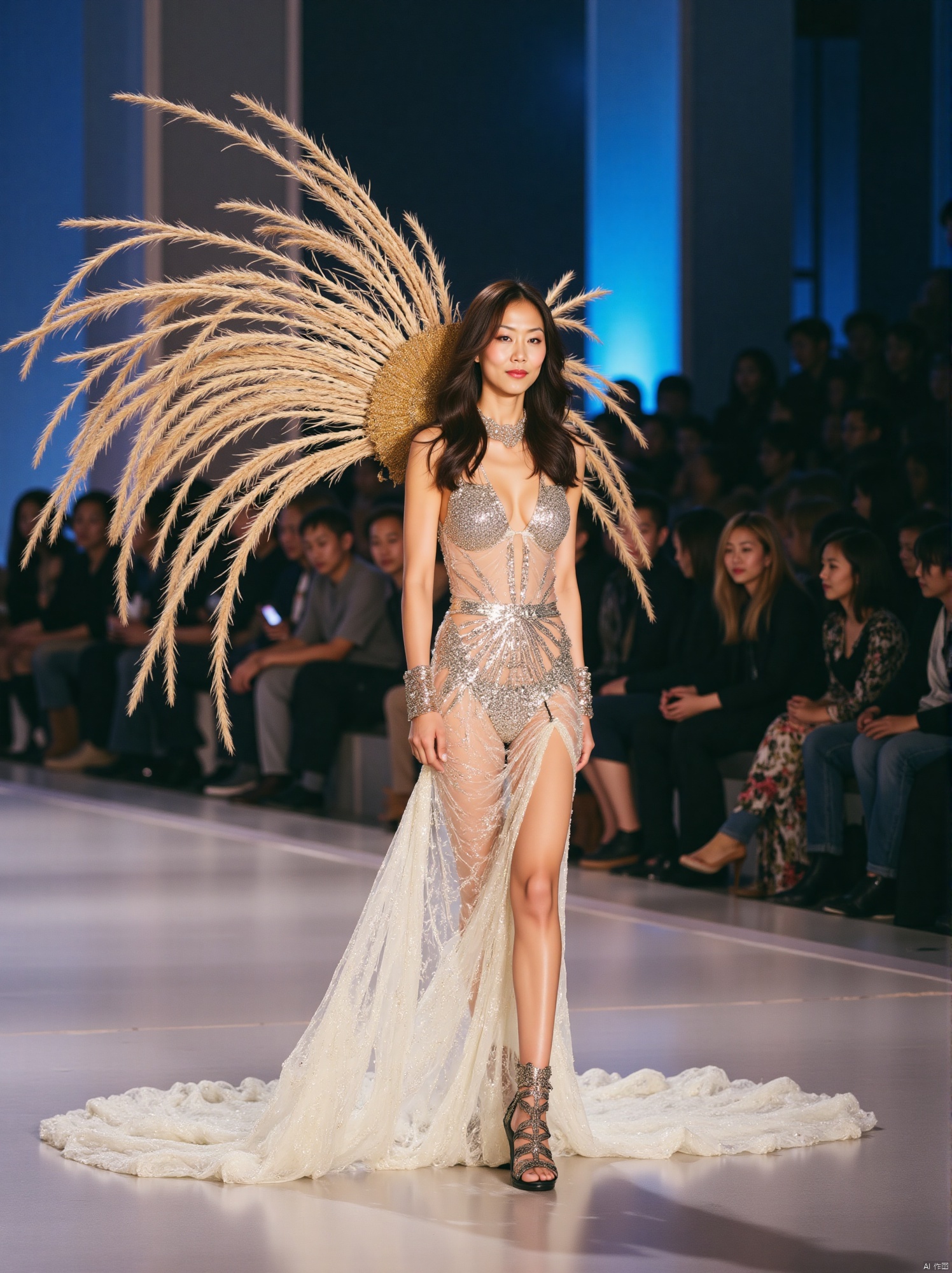 A captivating scene unfolds:35mm film,BJ_Rainbow_light,A model is walking on the runway at a fashion show. 