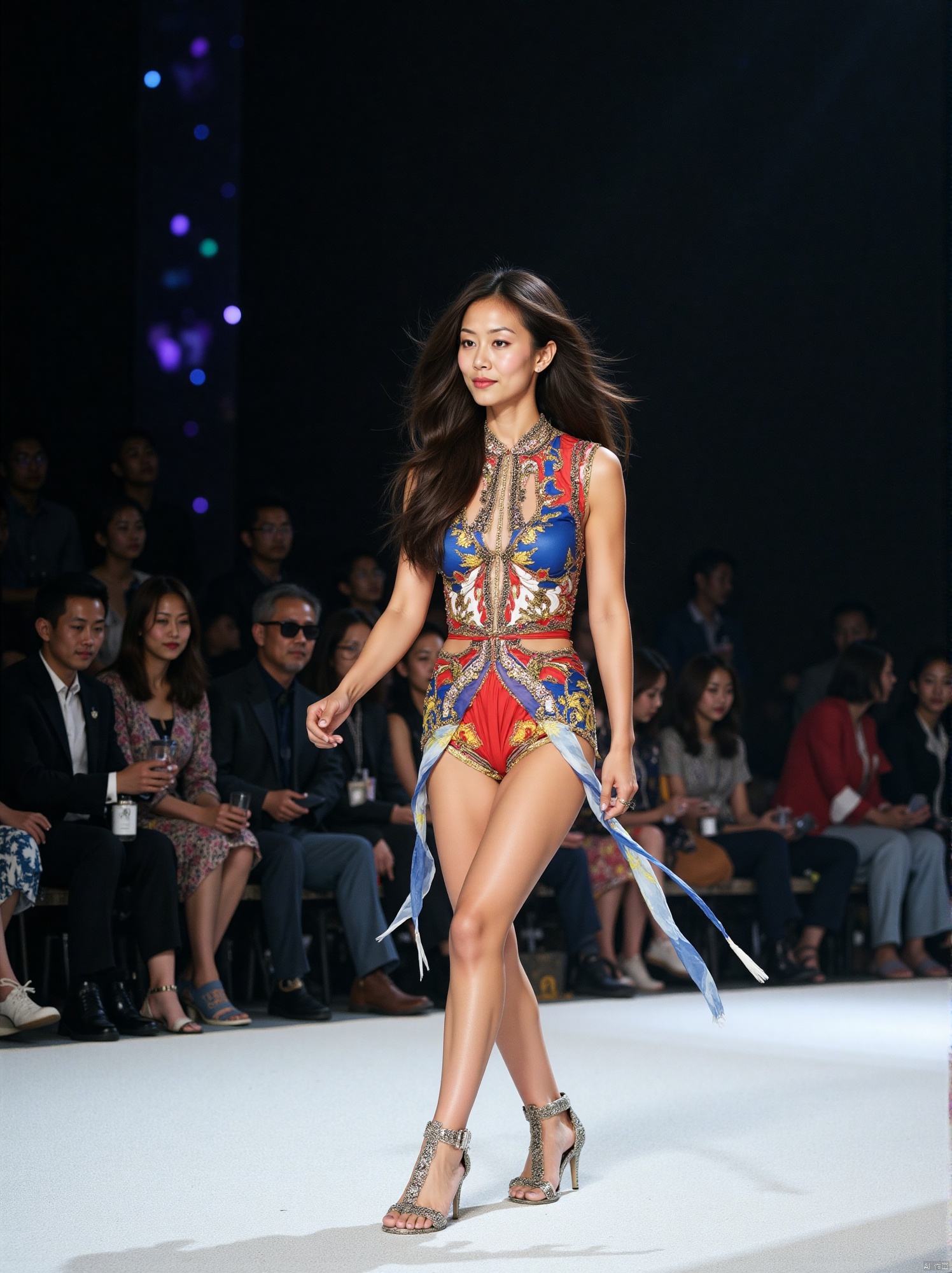 A captivating scene unfolds:35mm film,BJ_Rainbow_light,A model is walking on the runway at a fashion show. 