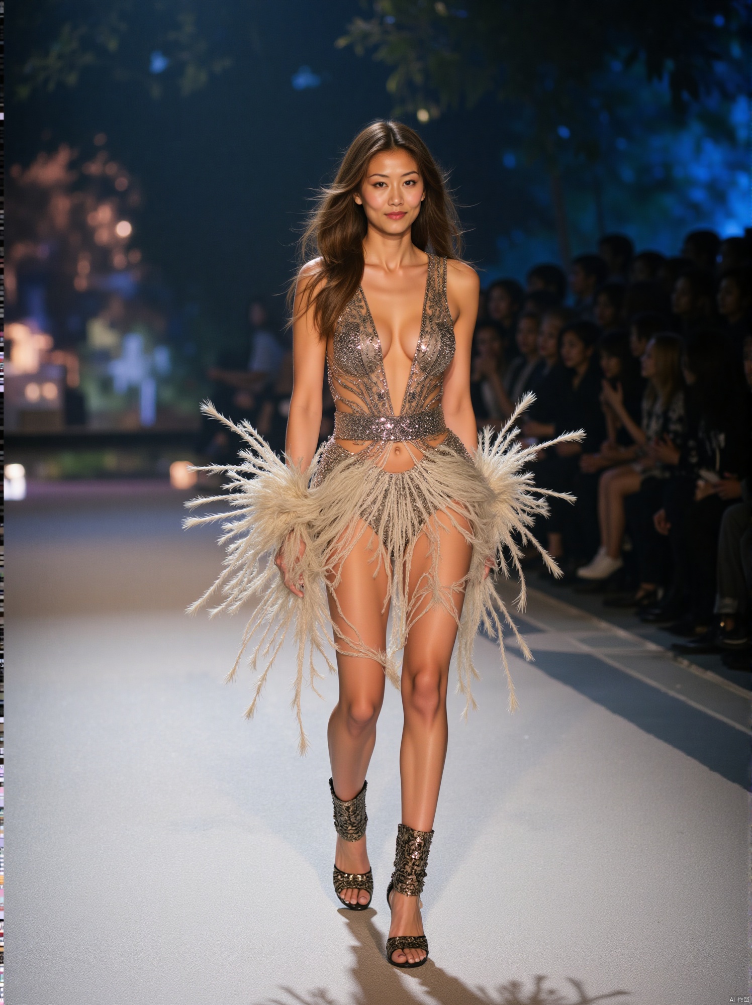 A captivating scene unfolds:35mm film,BJ_Rainbow_light,A model is walking on the runway at a fashion show. 