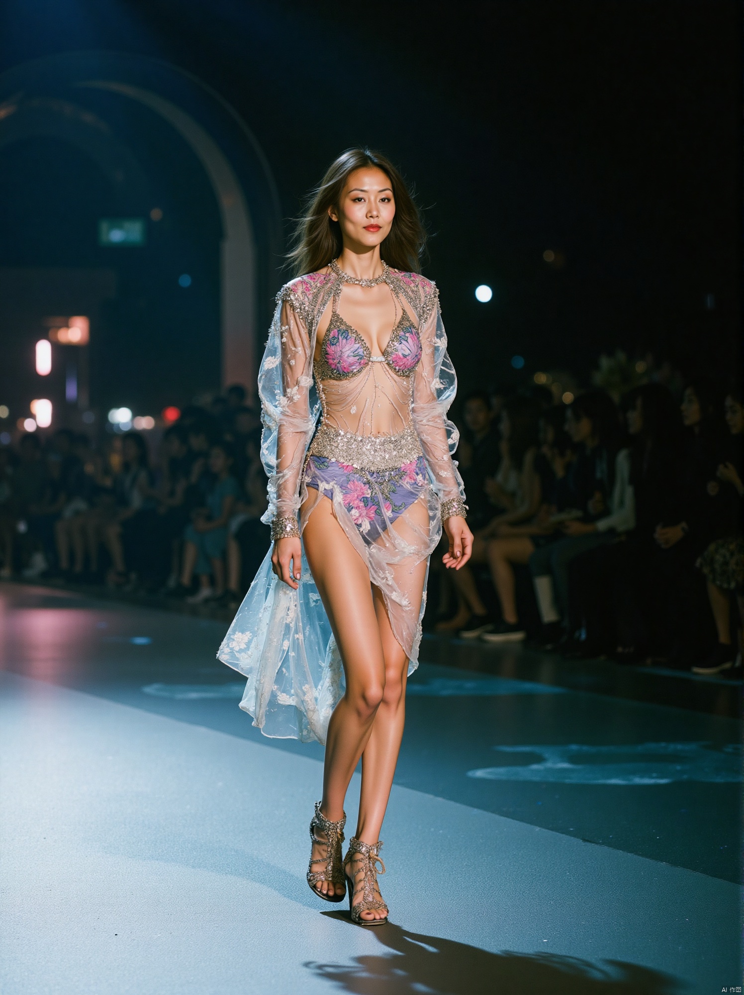 A captivating scene unfolds:35mm film,BJ_Rainbow_light,A model is walking on the runway at a fashion show. 