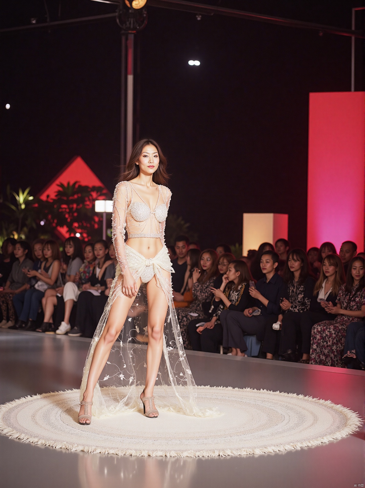 A captivating scene unfolds:35mm film,BJ_Rainbow_light,A model is walking on the runway at a fashion show. 