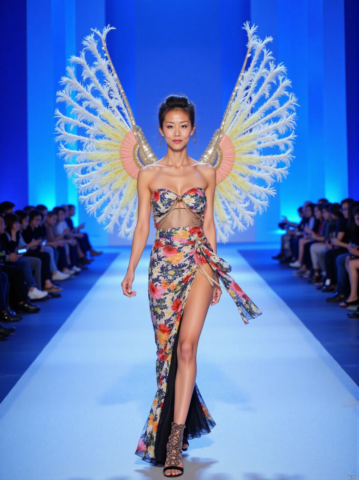 A captivating scene unfolds:35mm film,BJ_Rainbow_light,A model is walking on the runway at a fashion show. She was wearing a strapless dress with bright colors, with beautiful wings hanging behind her, her hair cut into a fashionable hairstyle, and her eyes fixed on the front of the photo. Her dress is decorated with exquisite patterns, adding a touch of brightness to her outfit, with a moderate chest and cleavage. The background is bright blue with several people on either side.