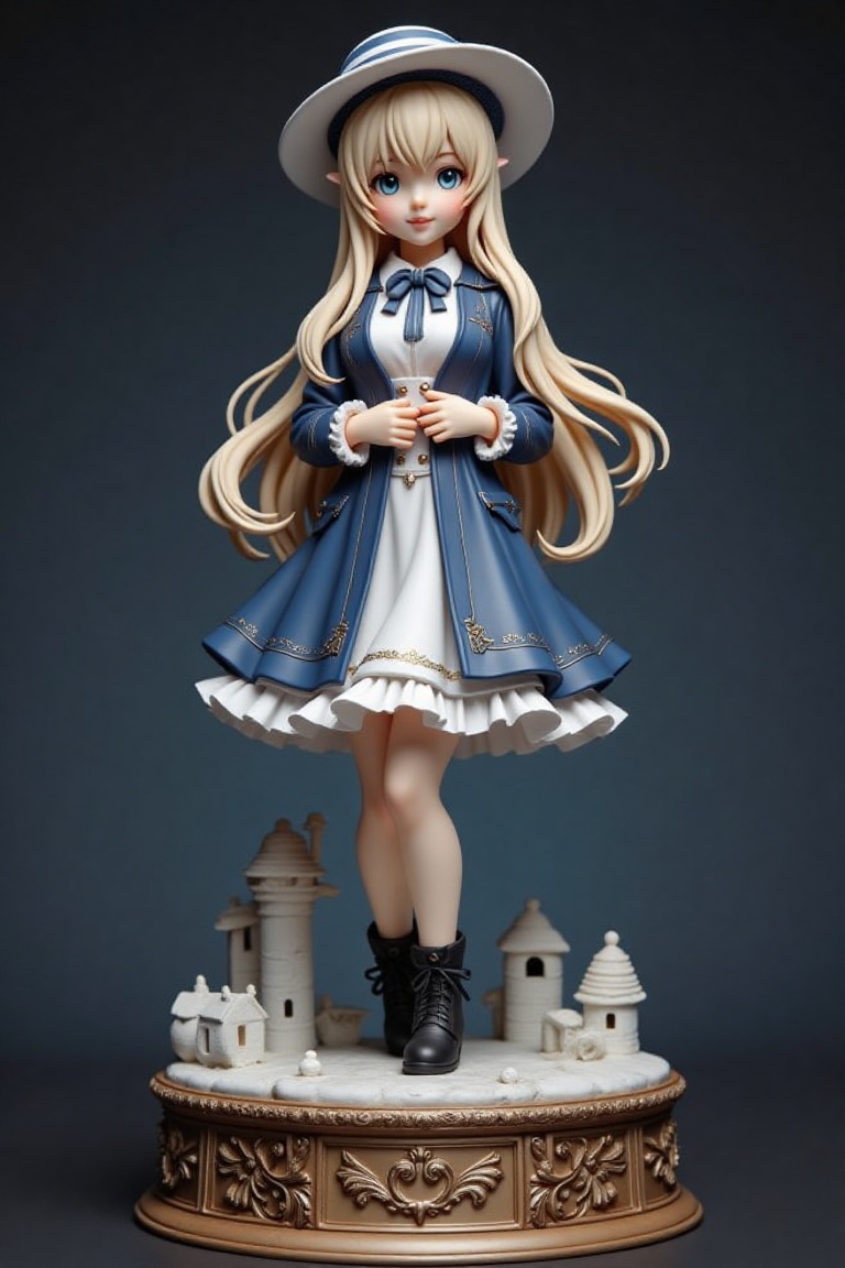 An resin figure,  on pedestal,  a very beautiful girl. The girl's outfit is adorned with a blue coat on Tensor.Art