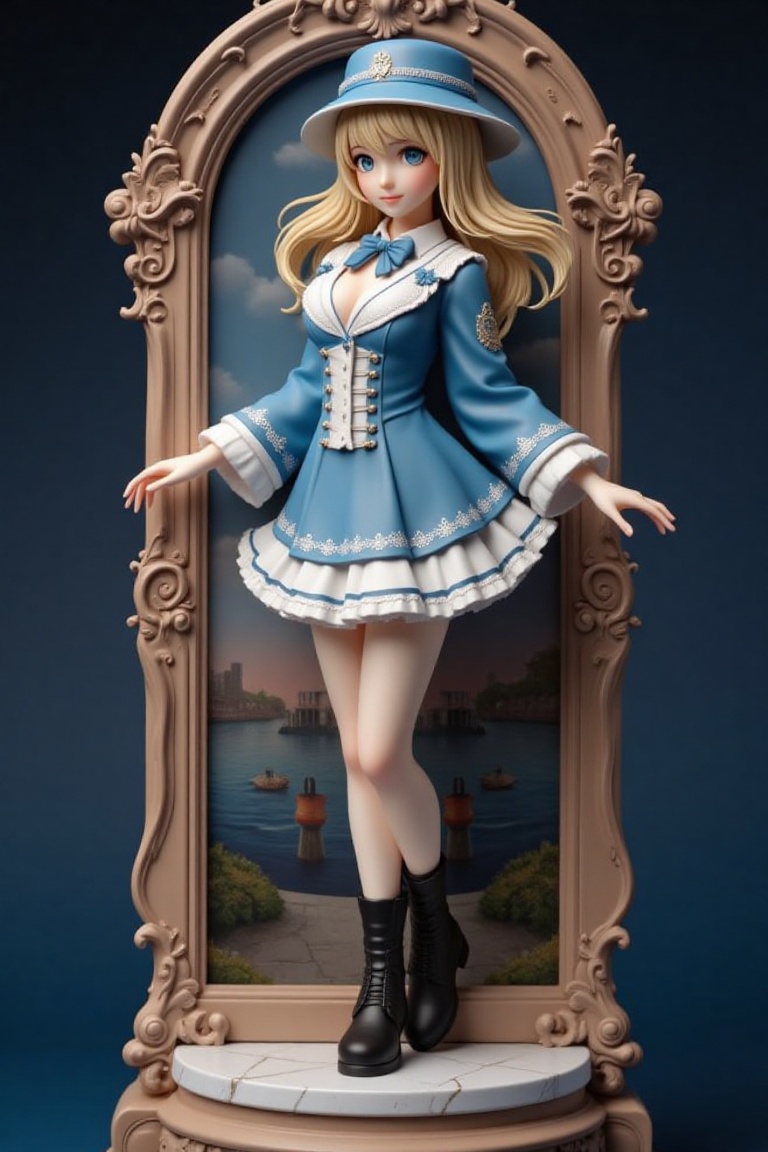 An resin figure,  on pedestal,  a very beautiful girl. The girl's outfit is adorned with a blue coat on Tensor.Art