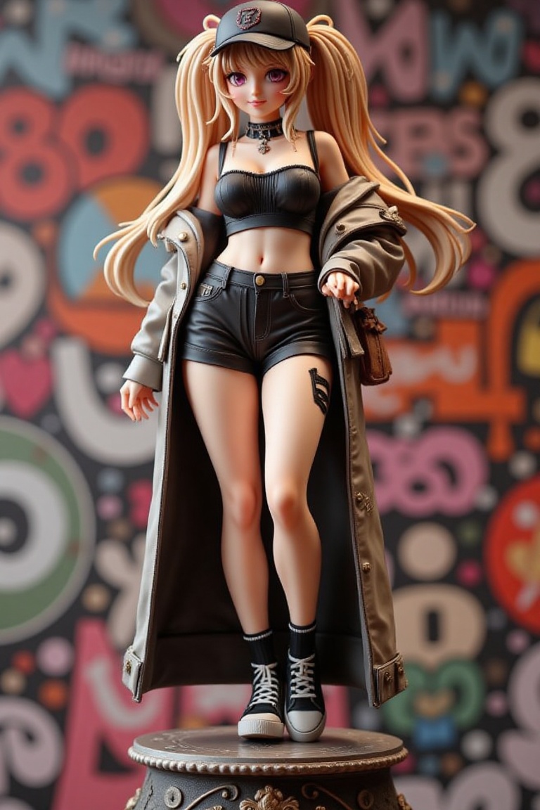 An resin figure,  on pedestal,  A stunning 8K masterpiece of a young woman standing confidently in front of a vibrant graf...
