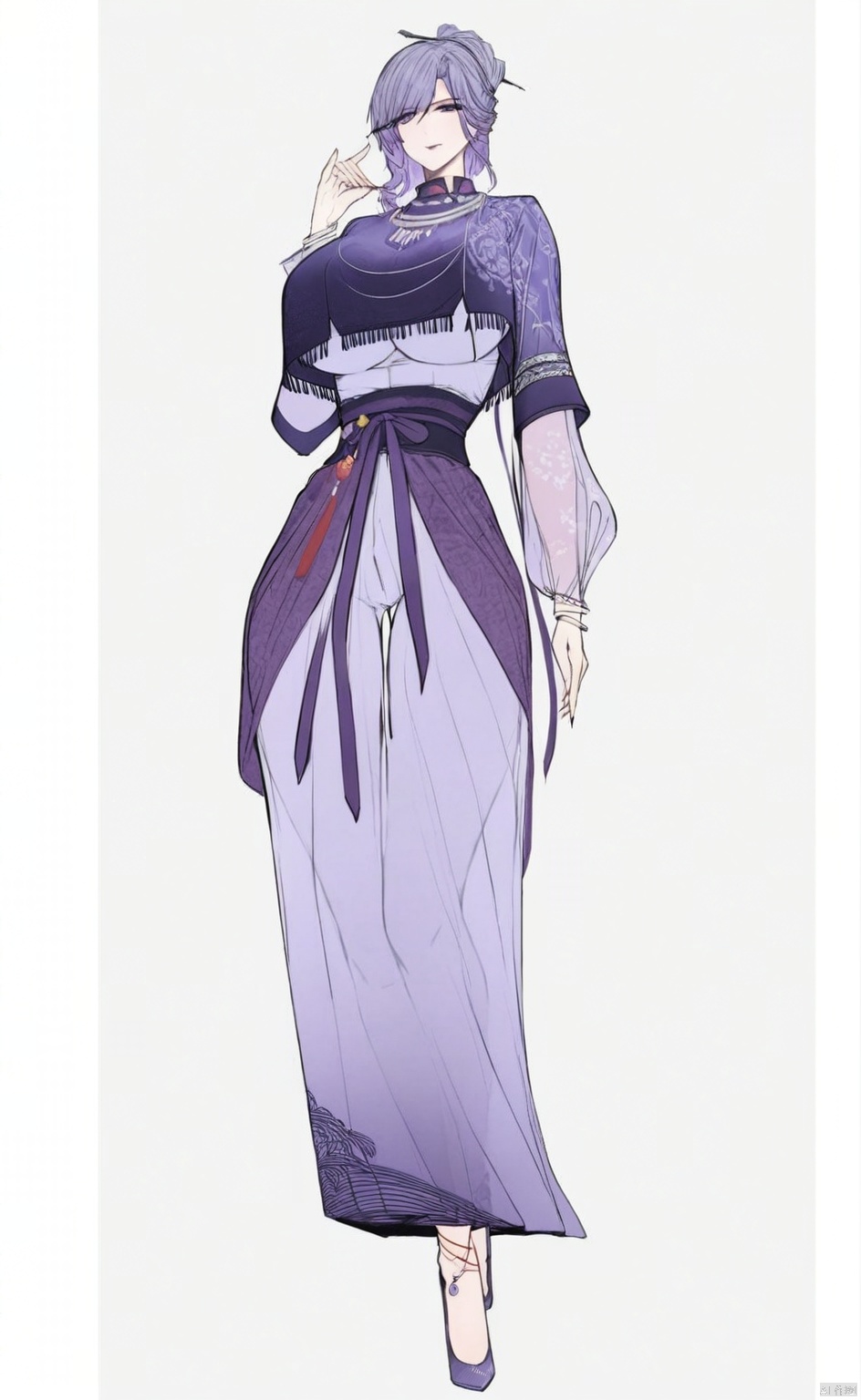 solo,highly detailed,(best quality),((masterpiece)),1girl,simple background,looking at viewer,,an,full body,purple hair,large breasts,purple eyes,see-through,long sleeves,earrings,standing,necklace,bracelet,silver jewelry,updo,