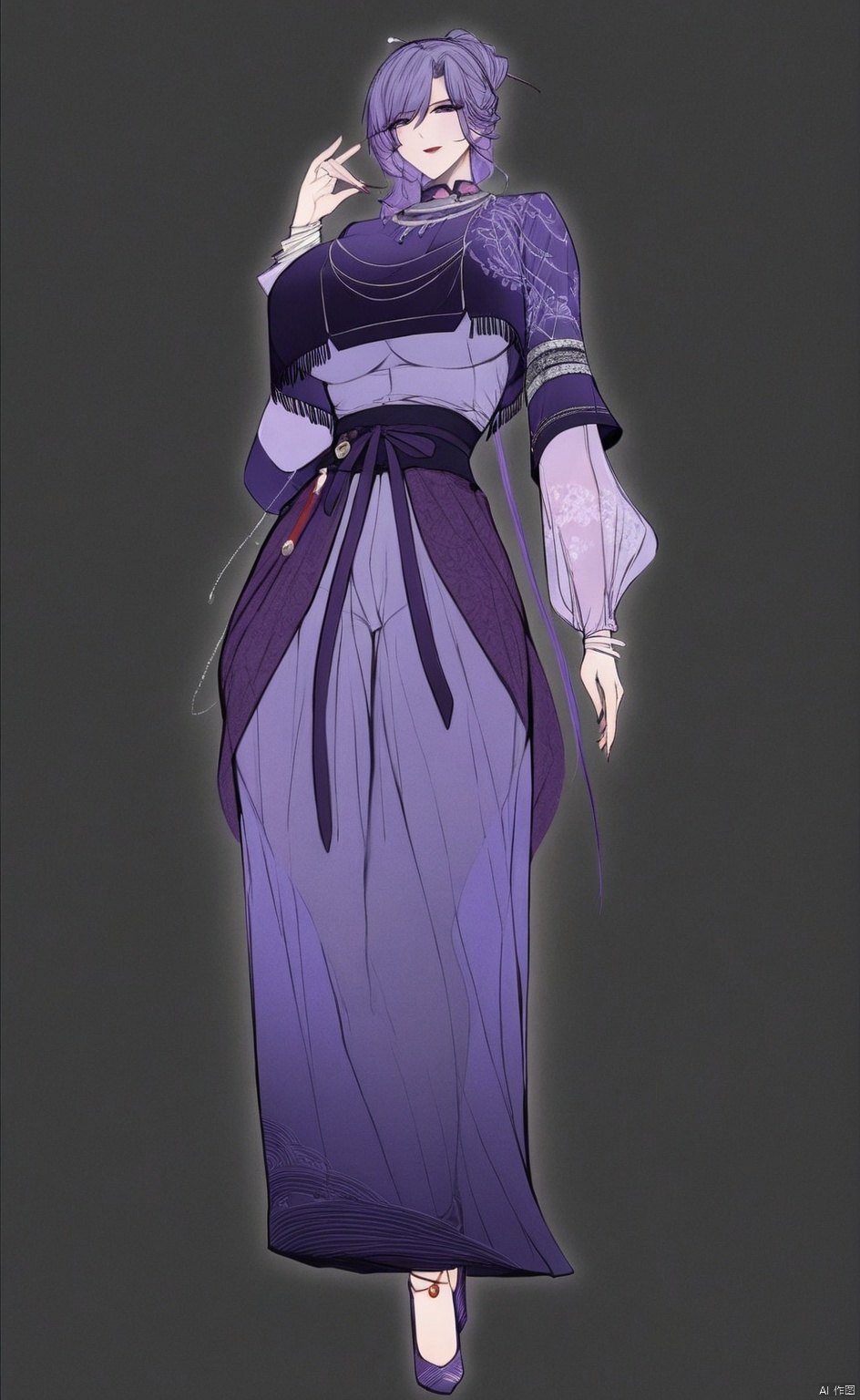 solo,highly detailed,(best quality),((masterpiece)),1girl,simple background,looking at viewer,,an,full body,purple hair,large breasts,purple eyes,see-through,long sleeves,earrings,standing,necklace,bracelet,silver jewelry,updo,