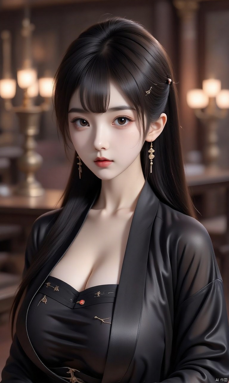 1girl, gl03, antique environment, dim lighting, long black hair
