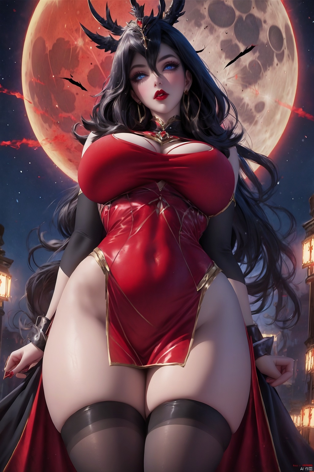 1girl solo long hair breasts looking at viewer blue eyes large breasts black hair dress jewelry cowboy shot earrings parted lips moon stairs red lips

