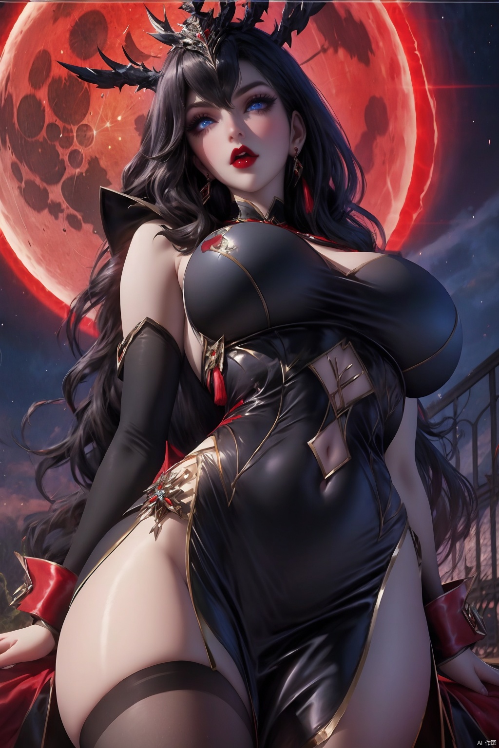 1girl solo long hair breasts looking at viewer blue eyes large breasts black hair dress jewelry cowboy shot earrings parted lips moon stairs red lips

