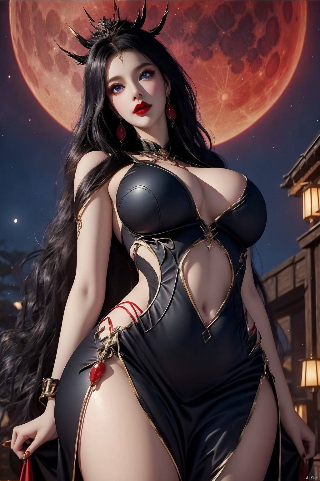 1girl solo long hair breasts looking at viewer blue eyes large breasts black hair dress jewelry cowboy shot earrings parted lips moon stairs red lips

