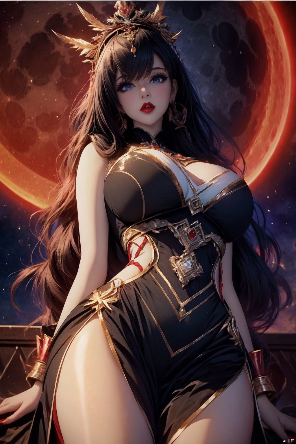 1girl solo long hair breasts looking at viewer blue eyes large breasts black hair dress jewelry cowboy shot earrings parted lips moon stairs red lips

