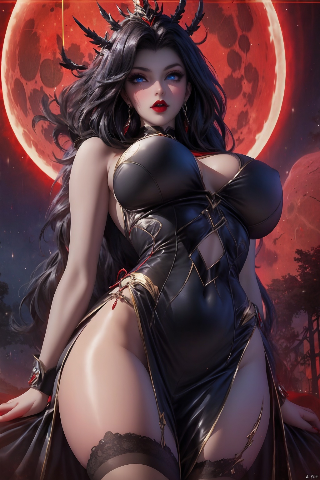 1girl solo long hair breasts looking at viewer blue eyes large breasts black hair dress jewelry cowboy shot earrings parted lips moon stairs red lips

