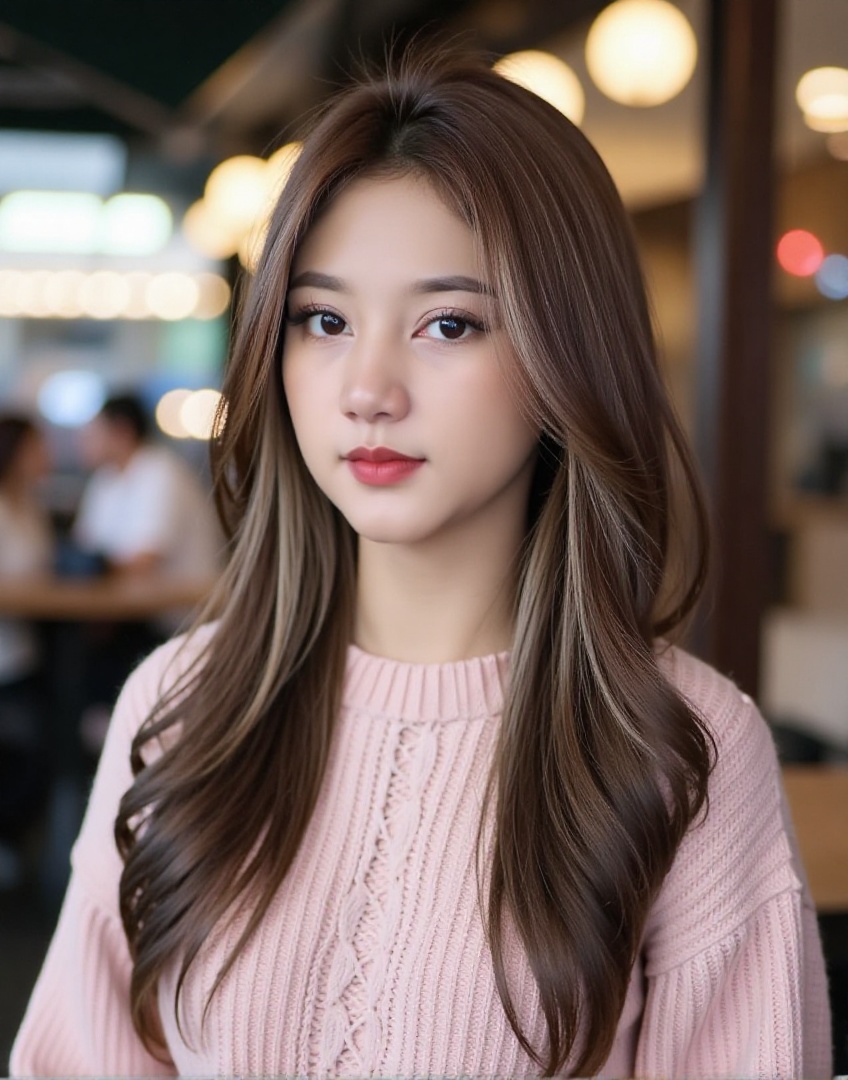 The medium shot photograph captures asian girl nlidyawati in with long,  straight brown hair,  wearing a cozy on Tensor.Art