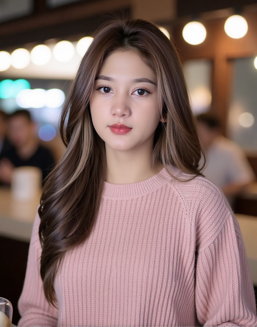 The medium shot photograph captures asian girl nlidyawati in with long,  straight brown hair,  wearing a cozy on Tensor.Art