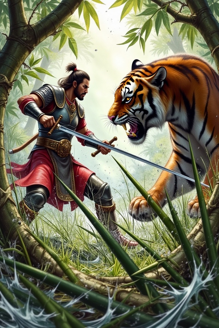 A close-up shot of a fearless warrior, dressed in ancient armor, clashing swords with a majestic Bengal tiger in a dense jungle clearing. The sun casts dappled shadows on the lush green foliage as the two combatants engage in a fierce battle. The warrior's determined expression and the tiger's piercing gaze convey their unyielding spirit.,Comic Comey