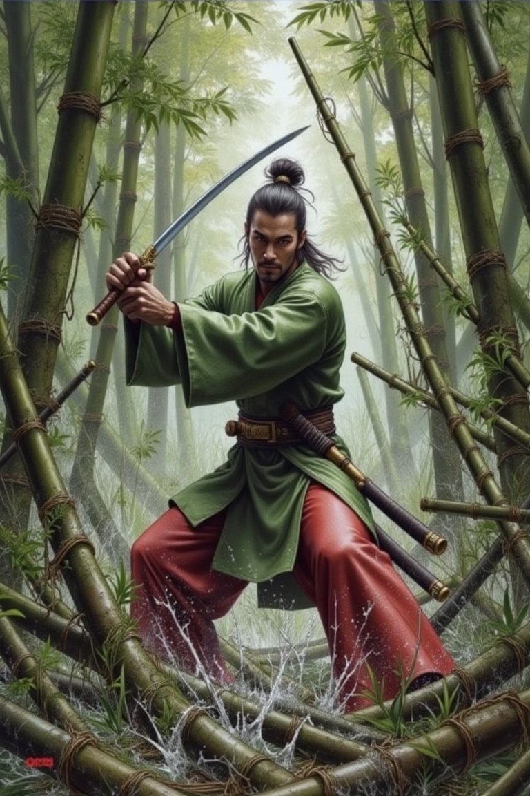 Sword master trainning on at bamboo tree ,Comic Comey