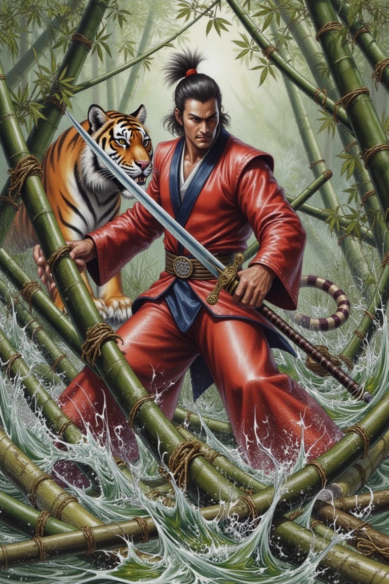 Sword master and his tiger at bamboo tree ,Comic Comey
