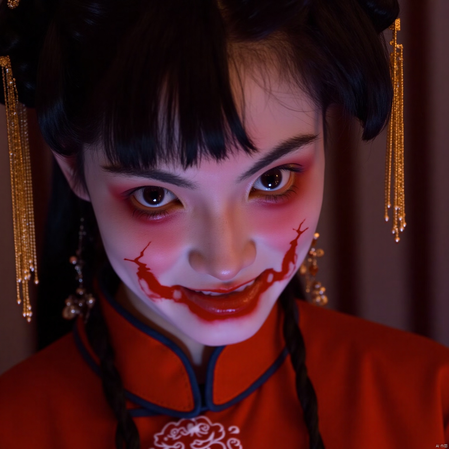 Ancient Chinese ghosts,evil smile,Female character,close-up,sharp focus,laughing,